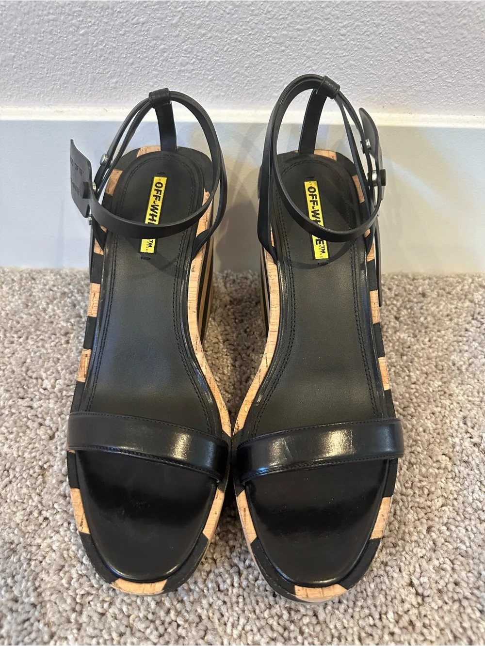 Off-White Black Leather Cork-Trim Wedge Sandals